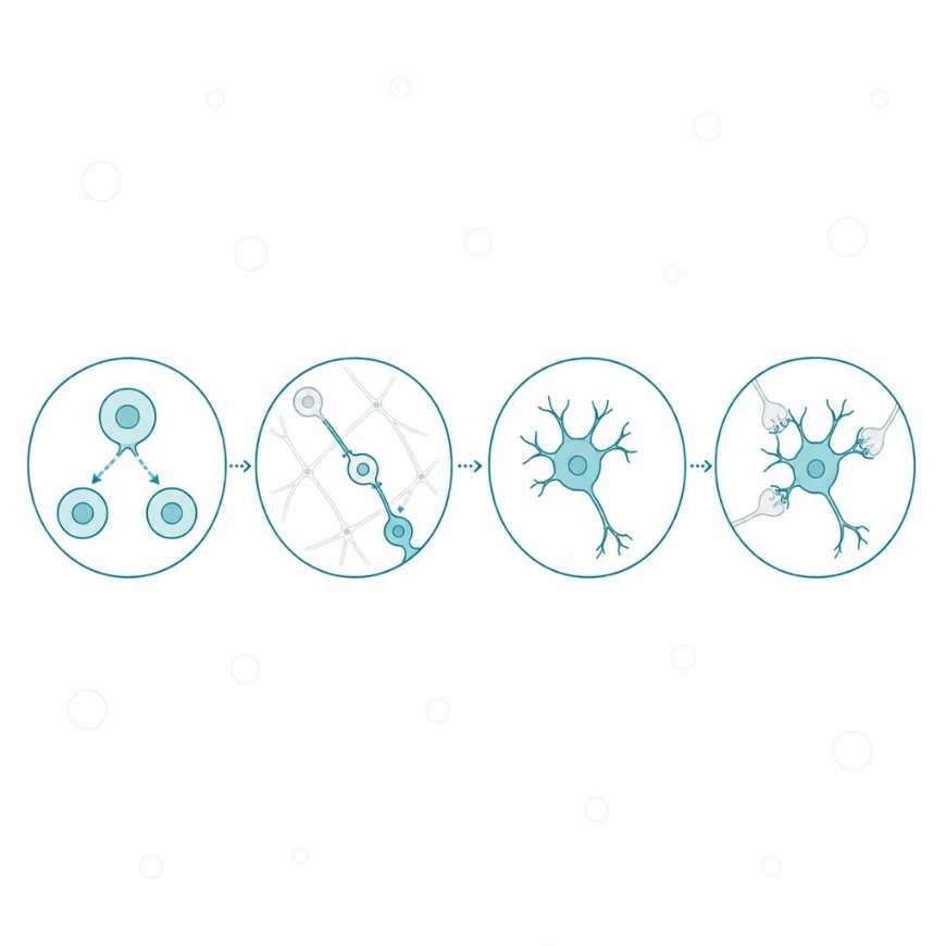 Neurogeneza — Etapy — podział, migracja, różnicowanie, integracja