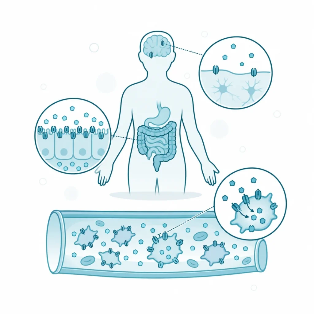 Transporter serotoniny (SERT) — Większość transporterów jest poza mózgiem